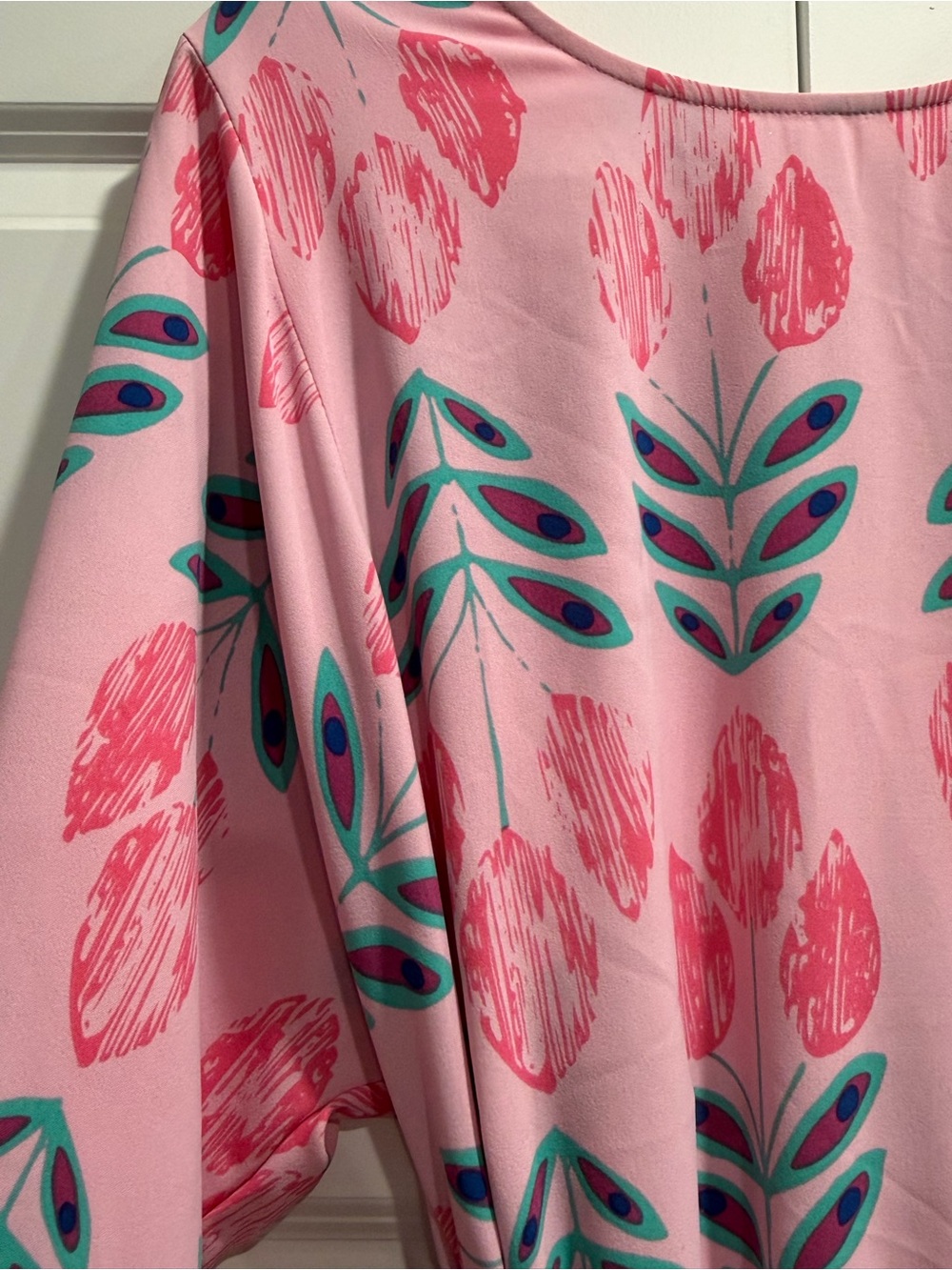 Mud Pie Pink Floral Graphic Blouse with Teal Accents